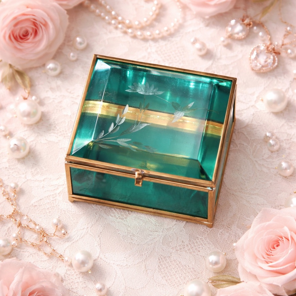 Glass Etched Hummingbird Green Clear Brass Trinket Jewelry Box
